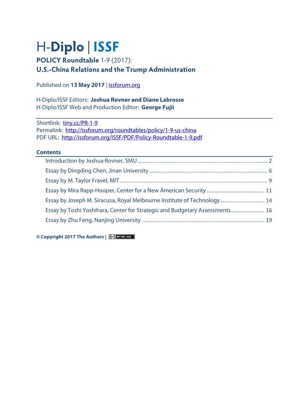 H-Diplo | ISSF POLICY Roundtable 1-9 (2017): U.S.-China Relations and the Trump Administration