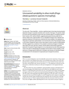 Uncovered Variability in Olive Moth (Prays Oleae) Questions Species Monophyly