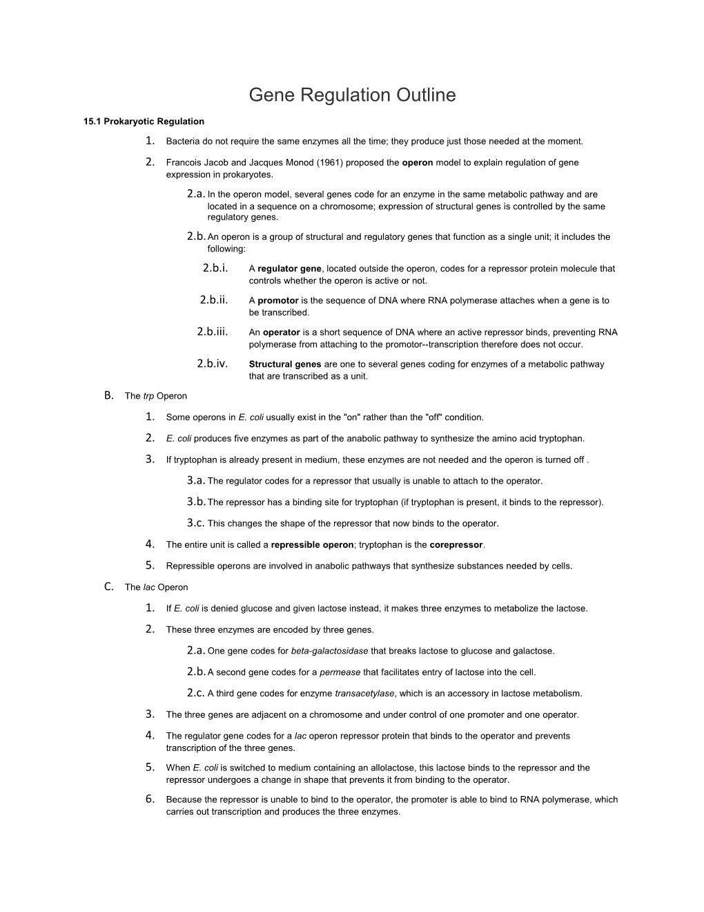 Gene Regulation Outline