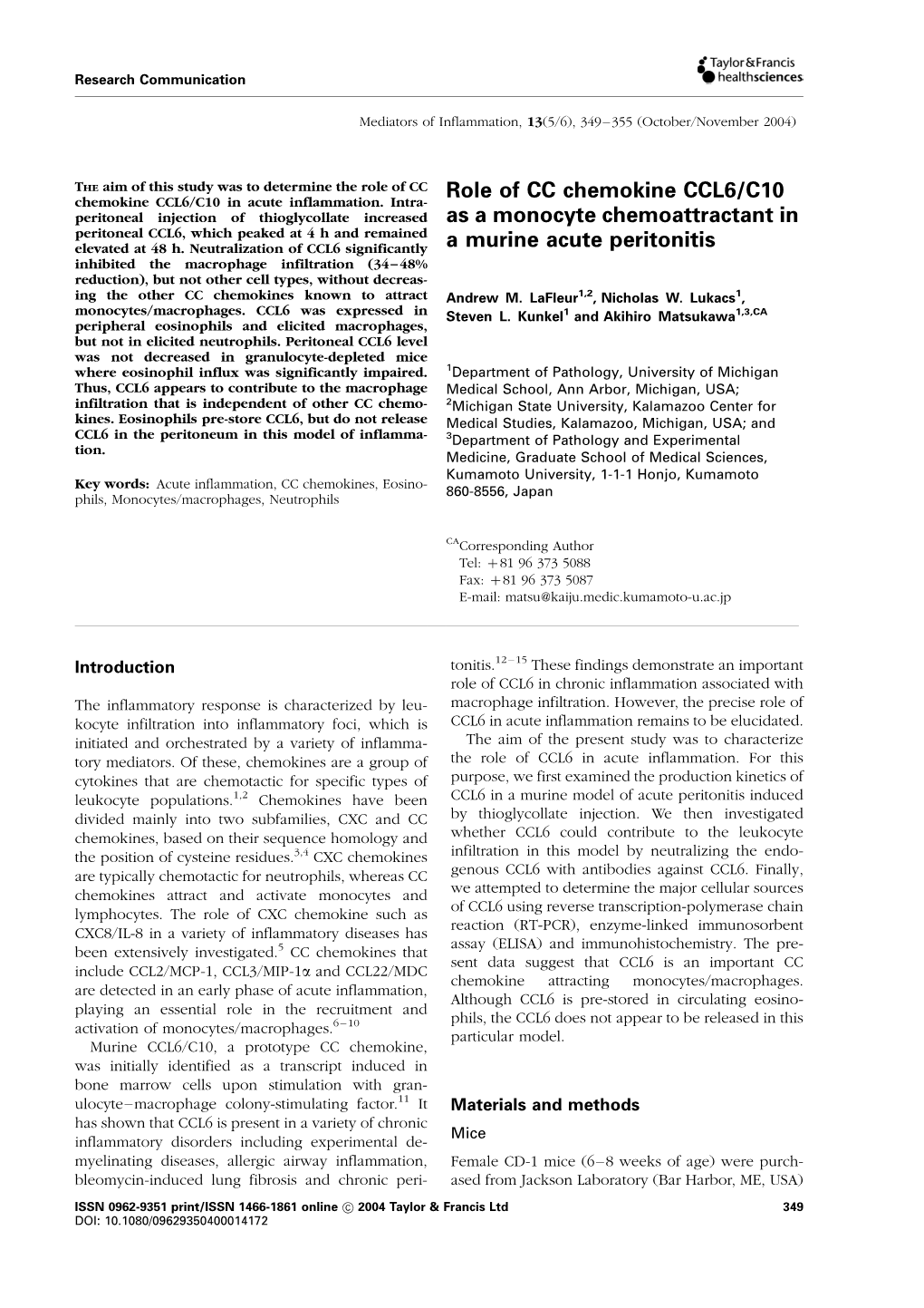 Role of CC Chemokine CCL6/C10 As a Monocyte Chemoattractant in A