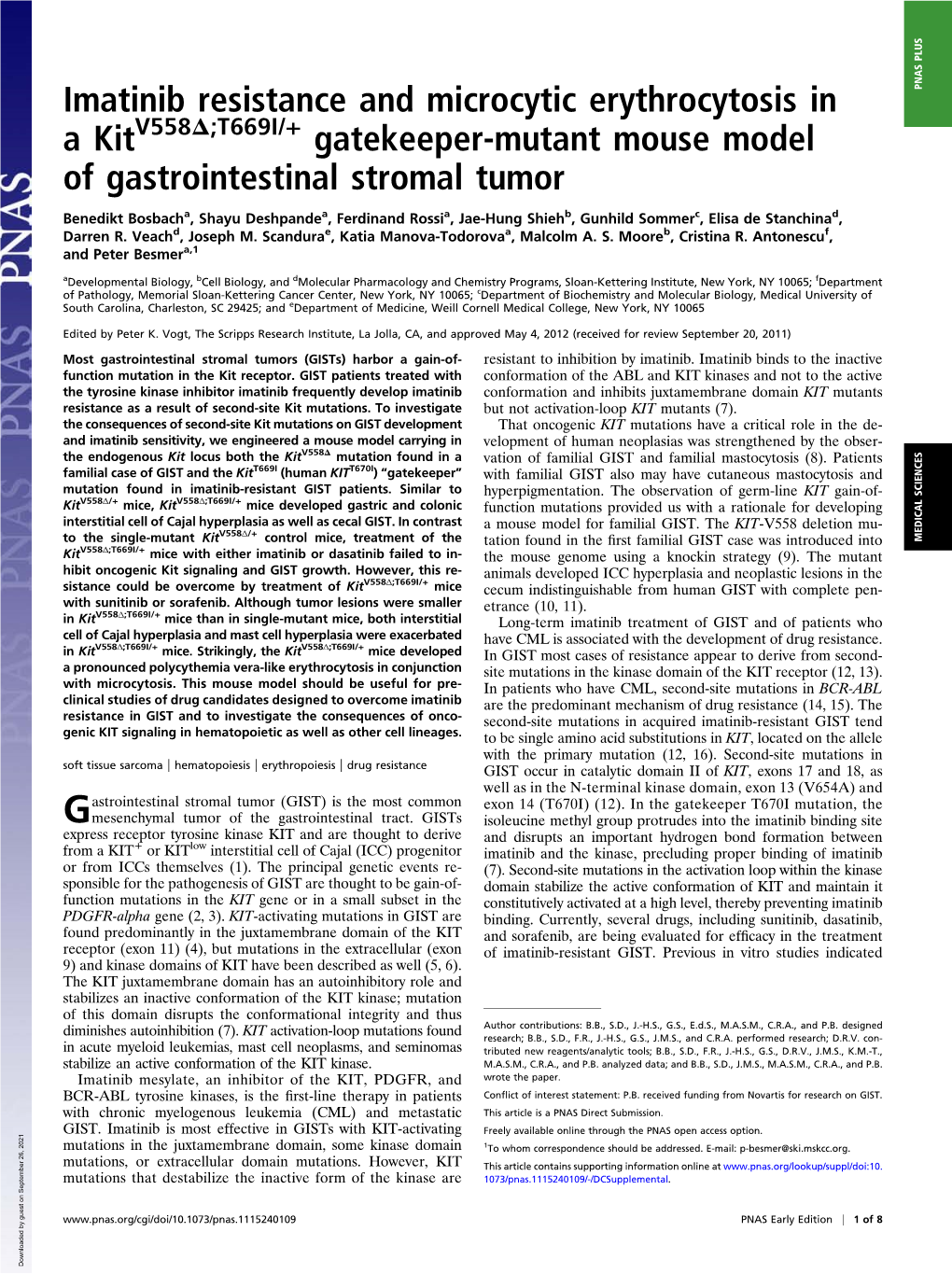 Imatinib Resistance and Microcytic Erythrocytosis in a Kit Gatekeeper-Mutant Mouse Model of Gastrointestinal Stromal Tumor