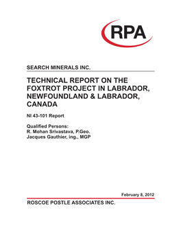 Technical Report on the Foxtrot Project in Labrador, Newfoundland & Labrador, Canada