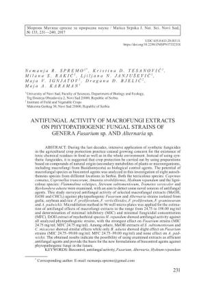 ANTIFUNGAL ACTIVITY of MACROFUNGI EXTRACTS on PHYTOPATHOGENIC FUNGAL STRAINS of GENERA Fusarium Sp