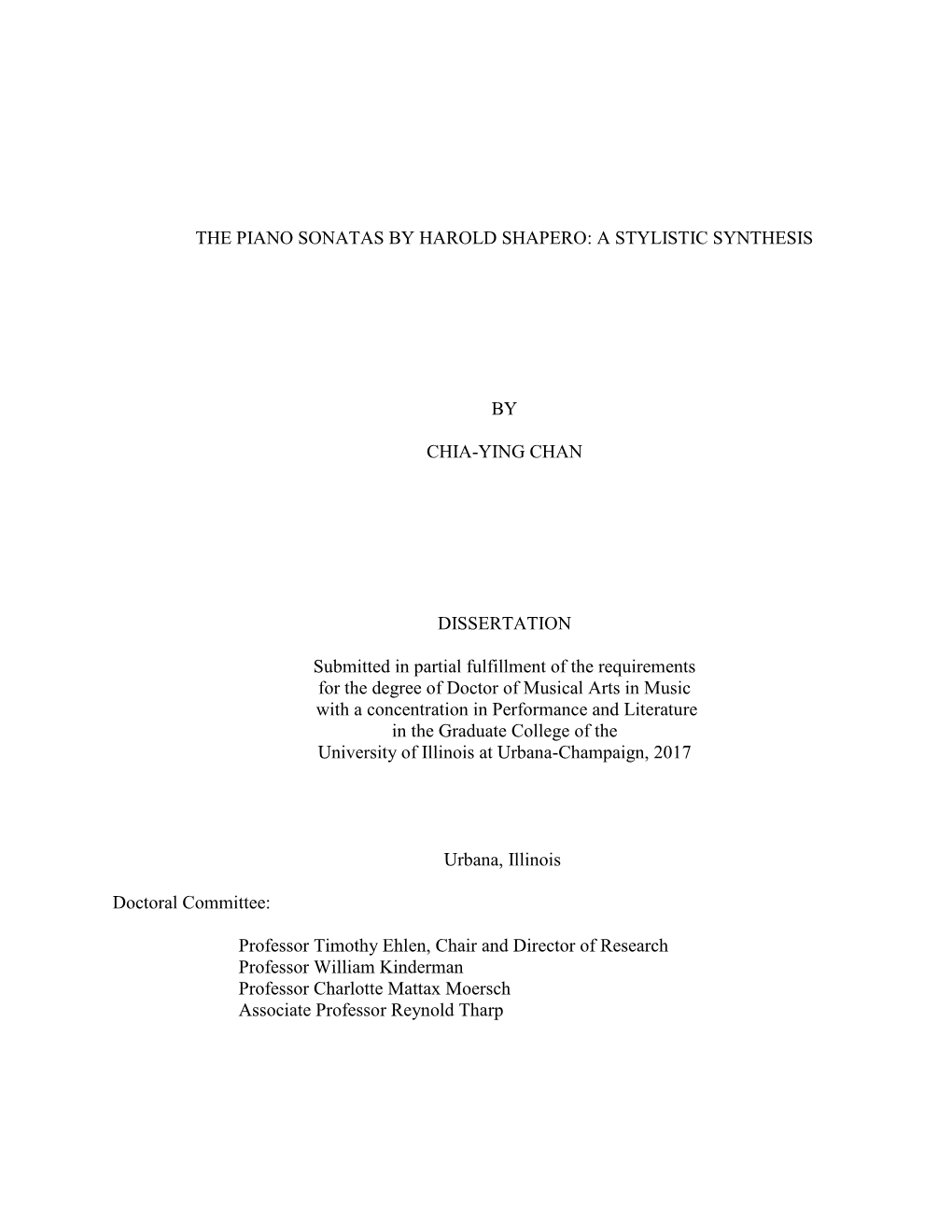 The Piano Sonatas by Harold Shapero: a Stylistic Synthesis