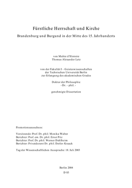 Fürstliche Herrschaft Und Kirche Brandenburg Und Burgund in Der Mitte Des 15