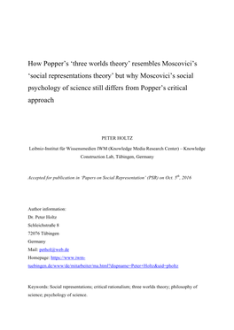 How Popper's 'Three Worlds Theory' Resembles Moscovici's