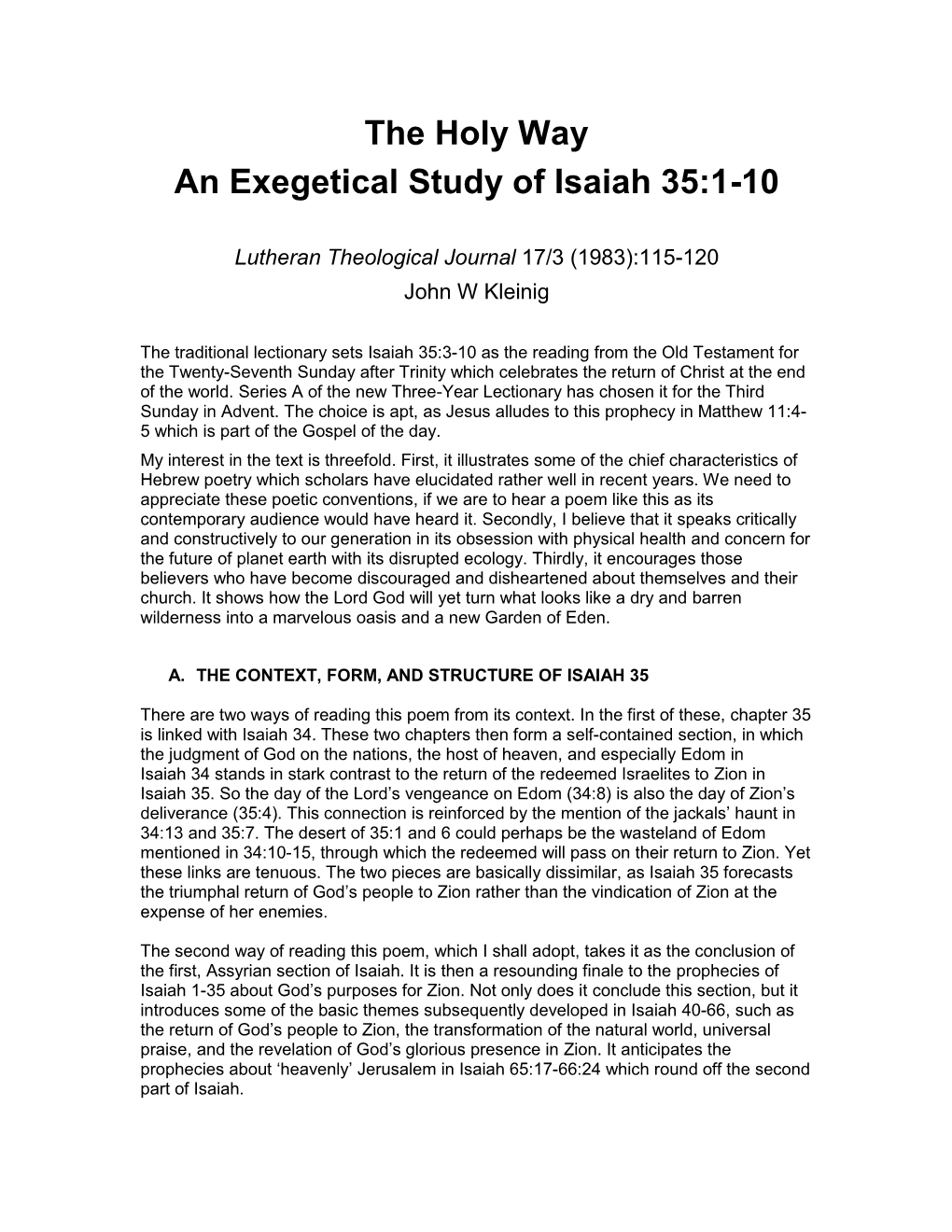 The Holy Way an Exegetical Study of Isaiah 35:1-10