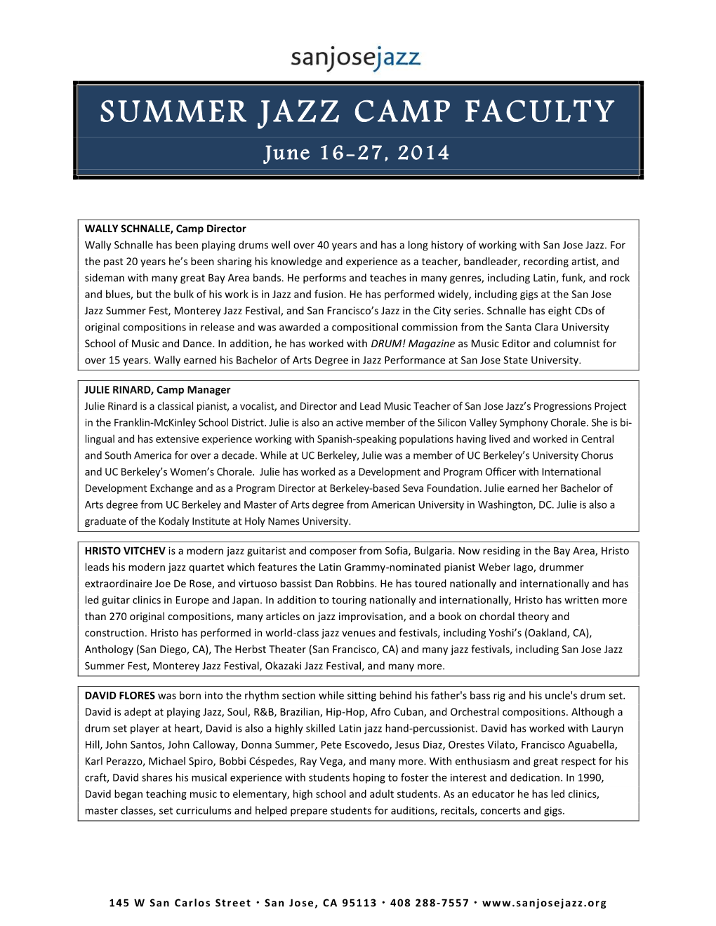 SUMMER JAZZ CAMP FACULTY June 16-27, 2014