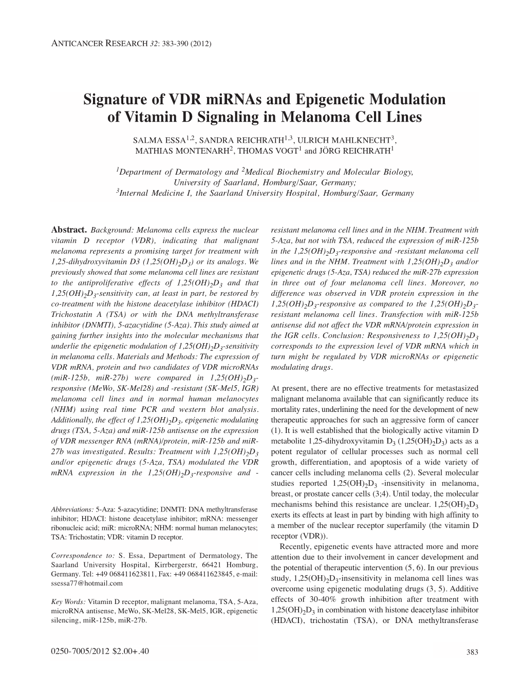 Signature of VDR Mirnas and Epigenetic Modulation of Vitamin D Signaling in Melanoma Cell Lines