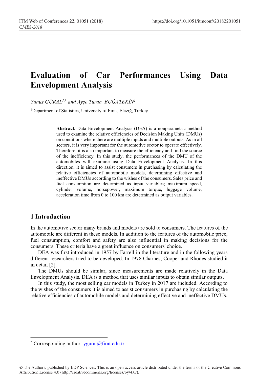 Evaluation of Car Performances Using Data Envelopment Analysis
