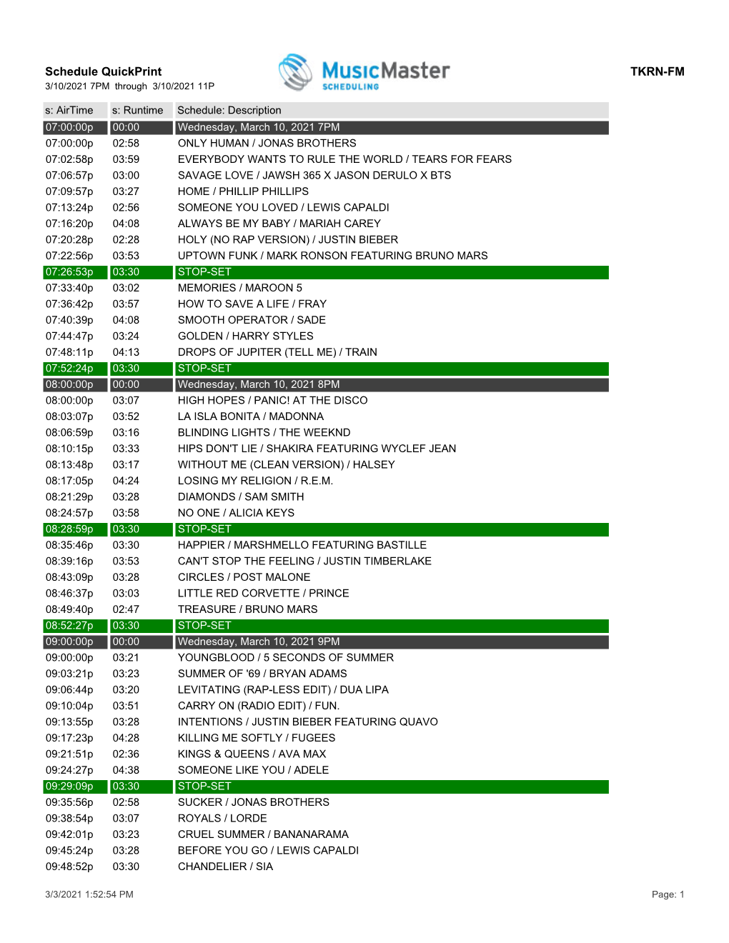 Schedule Quickprint TKRN-FM