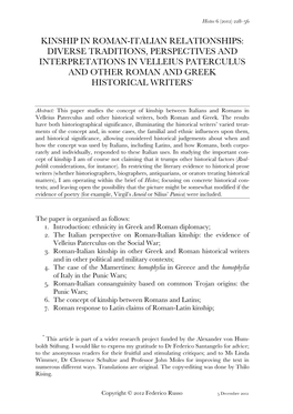 Kinship in Roman-Italian Relationships: Diverse Traditions, Perspectives and Interpretations in Velleius Paterculus and Other Roman and Greek Historical Writers *