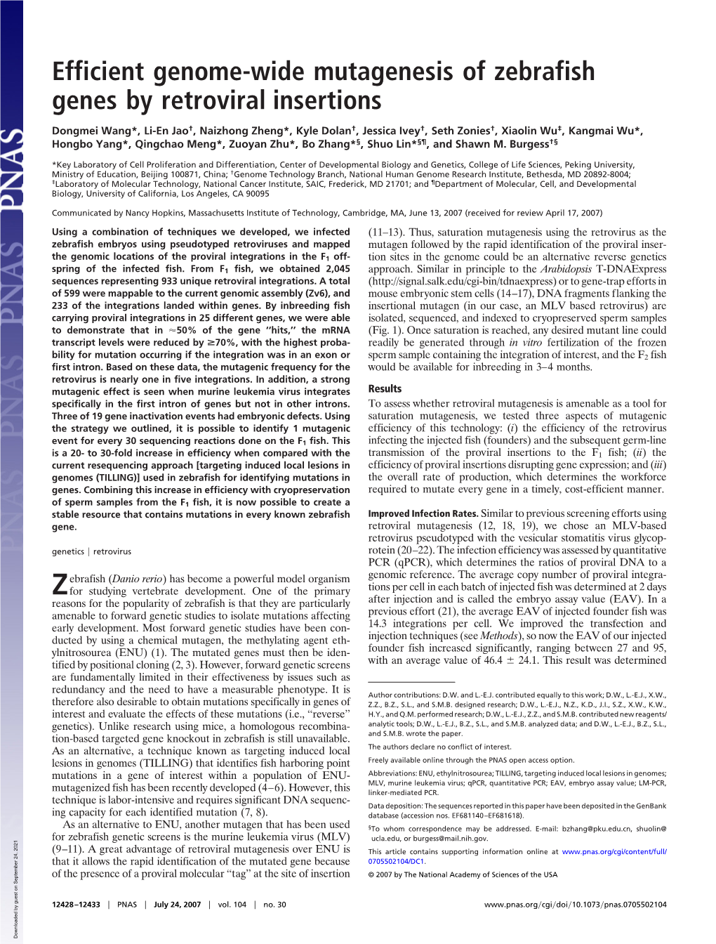 Efficient Genome-Wide Mutagenesis of Zebrafish Genes by Retroviral Insertions