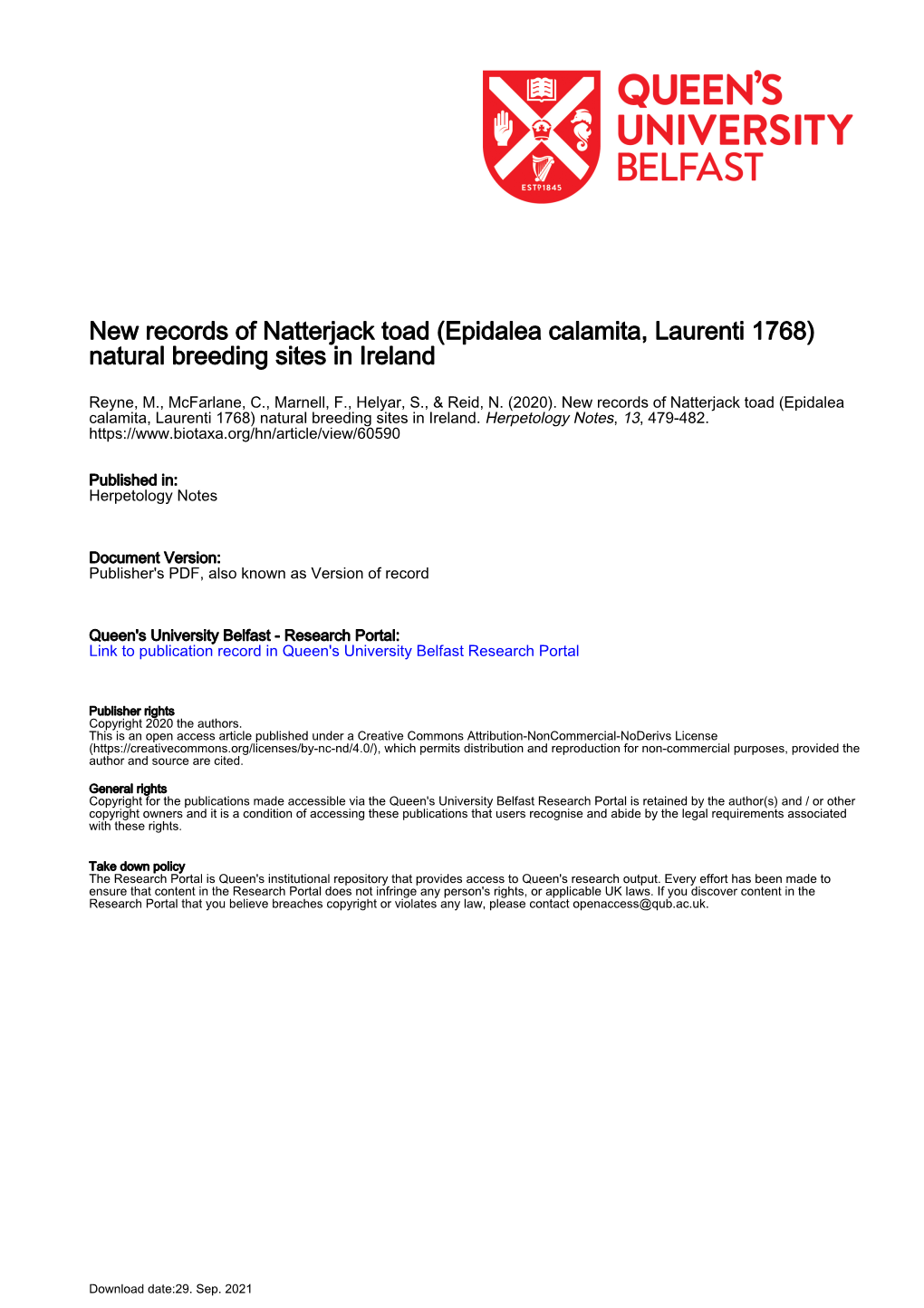 New Records of Natterjack Toad (Epidalea Calamita, Laurenti 1768) Natural Breeding Sites in Ireland