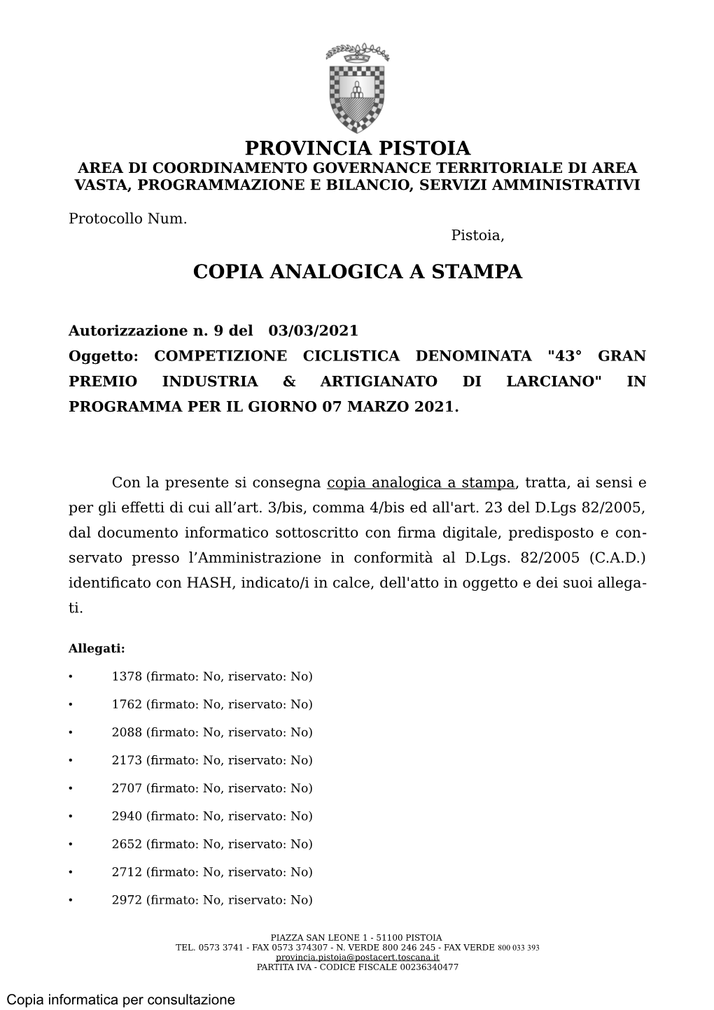 Provincia Pistoia Copia Analogica a Stampa