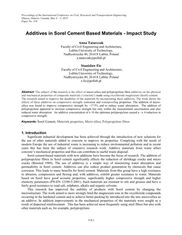 Additives in Sorel Cement Based Materials - Impact Study