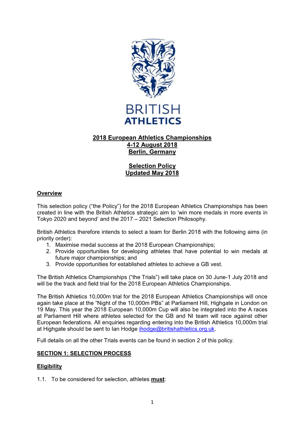 GB 2018 European Championships Selection Policy