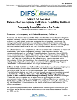 Statement on Interagency and Federal Regulatory Guidance and Frequently Asked Questions for Banks Affected by Coronavirus Disease 2019 (COVID-19)