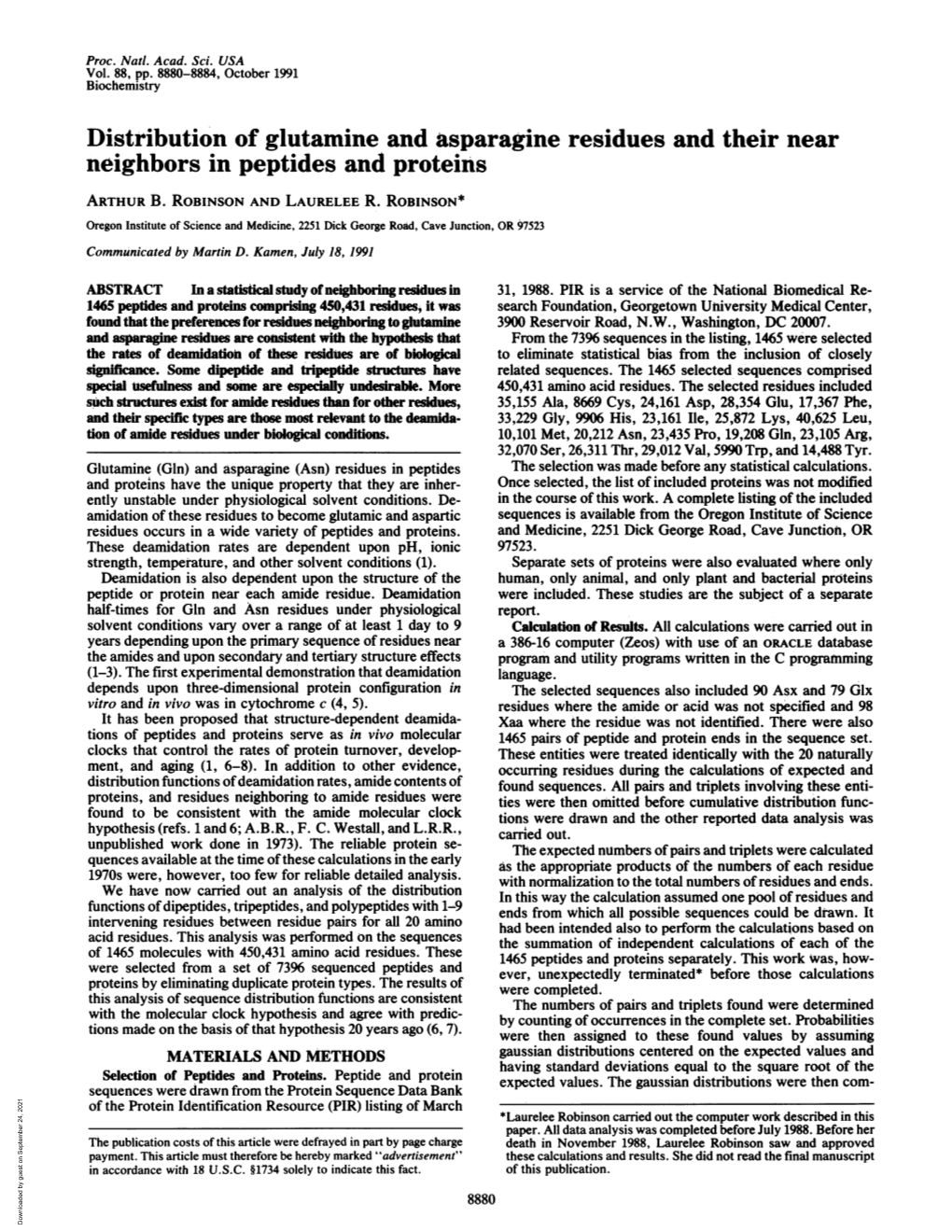 Distribution of Glutamine and Asparagine Residues and Their Near Neighbors in Peptides and Proteins ARTHUR B