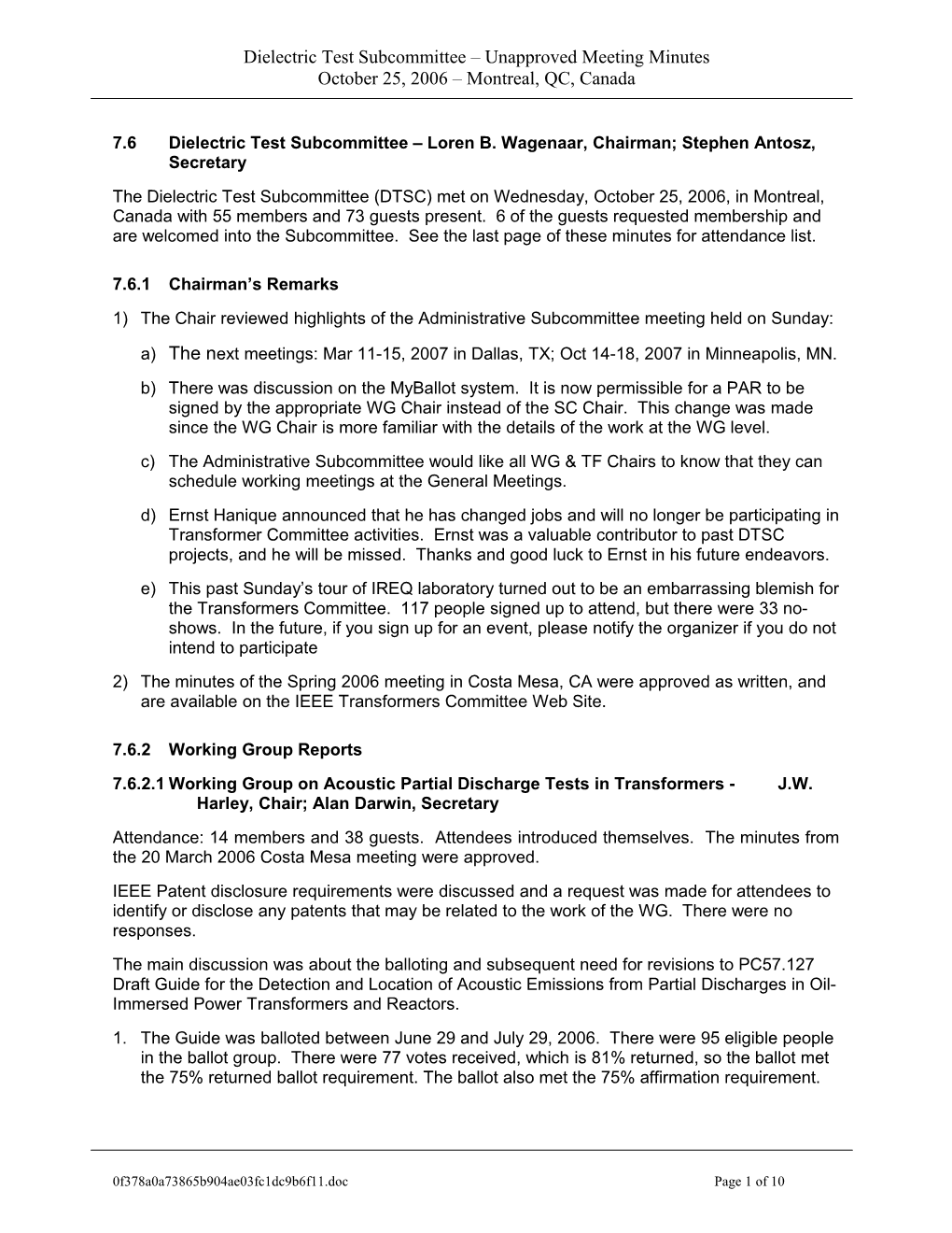 Dielectric Test Subcommittee Minutes