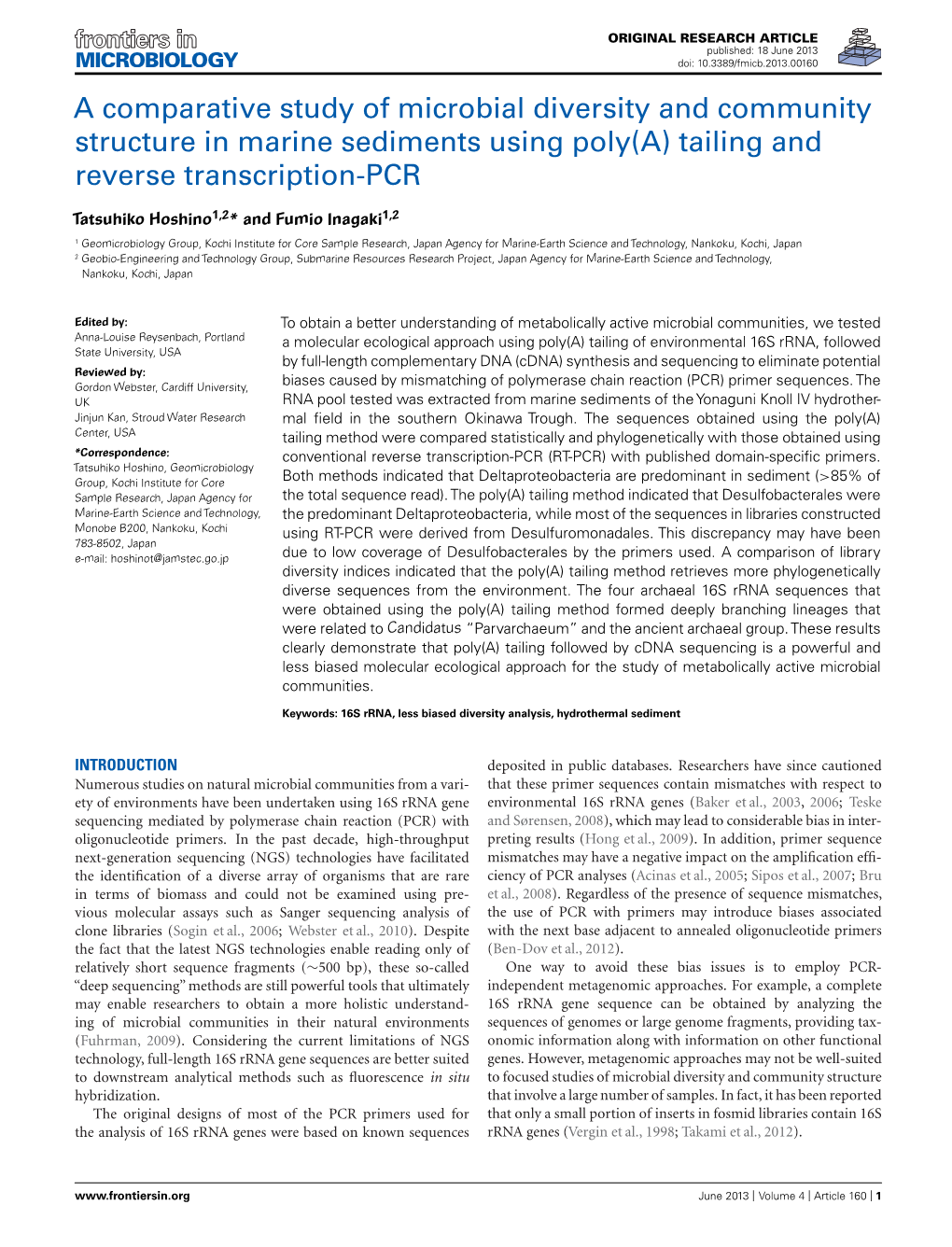 A Comparative Study of Microbial Diversity and Community Structure in Marine Sediments Using Poly(A) Tailing and Reverse Transcription-PCR