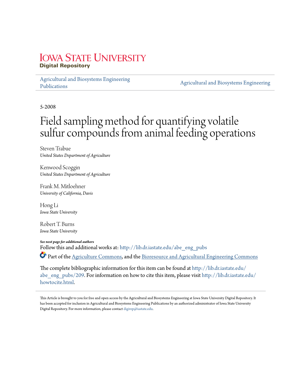 Field Sampling Method for Quantifying Volatile Sulfur Compounds from Animal Feeding Operations Steven Trabue United States Department of Agriculture