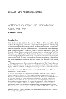 A “Unique Experiment”: the Ontario Labour Court, 1943–1944 Katherine Munro