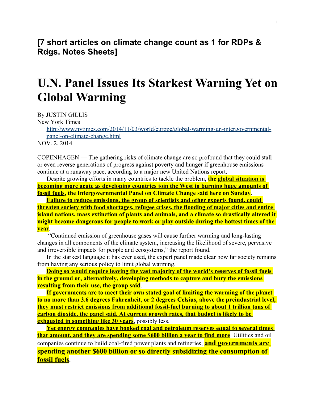 7 Short Articles on Climate Change Count As 1 for Rdps & Rdgs. Notes Sheets