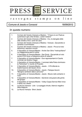 In Questo Numero: Comune Di Jesolo E Consorzi 18/09/2012 in Questo