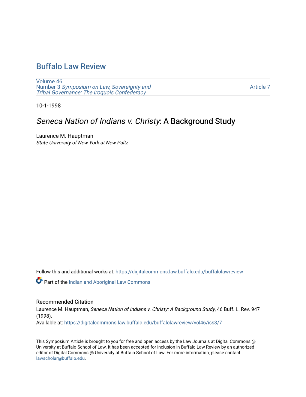 Seneca Nation of Indians V. Christy: a Background Study