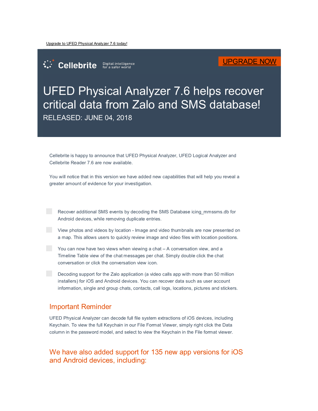 UFED Physical Analyzer 7.6 Helps Recover Critical Data from Zalo and SMS Database! RELEASED: JUNE 04, 2018