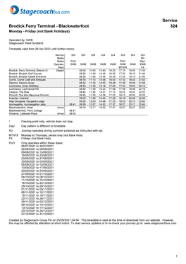 Service Brodick Ferry Terminal - Blackwaterfoot 324 Monday - Friday (Not Bank Holidays)