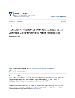 "Suicide Solution"? Performers, Producers and Distributors' Liability for the Violent Acts of Music Listeners