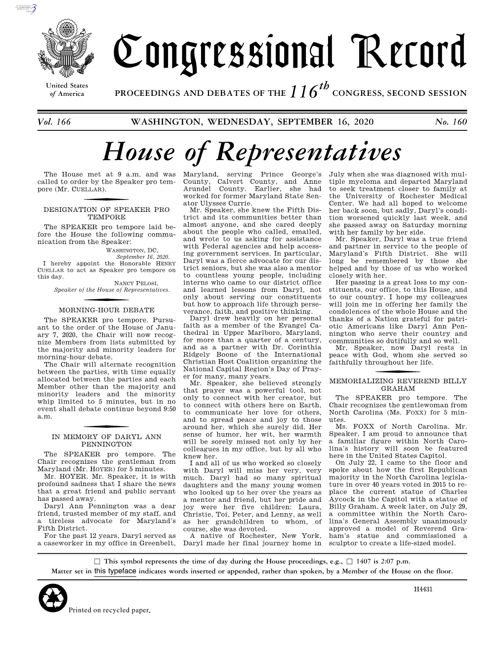 Congressional Record United States Th of America PROCEEDINGS and DEBATES of the 116 CONGRESS, SECOND SESSION