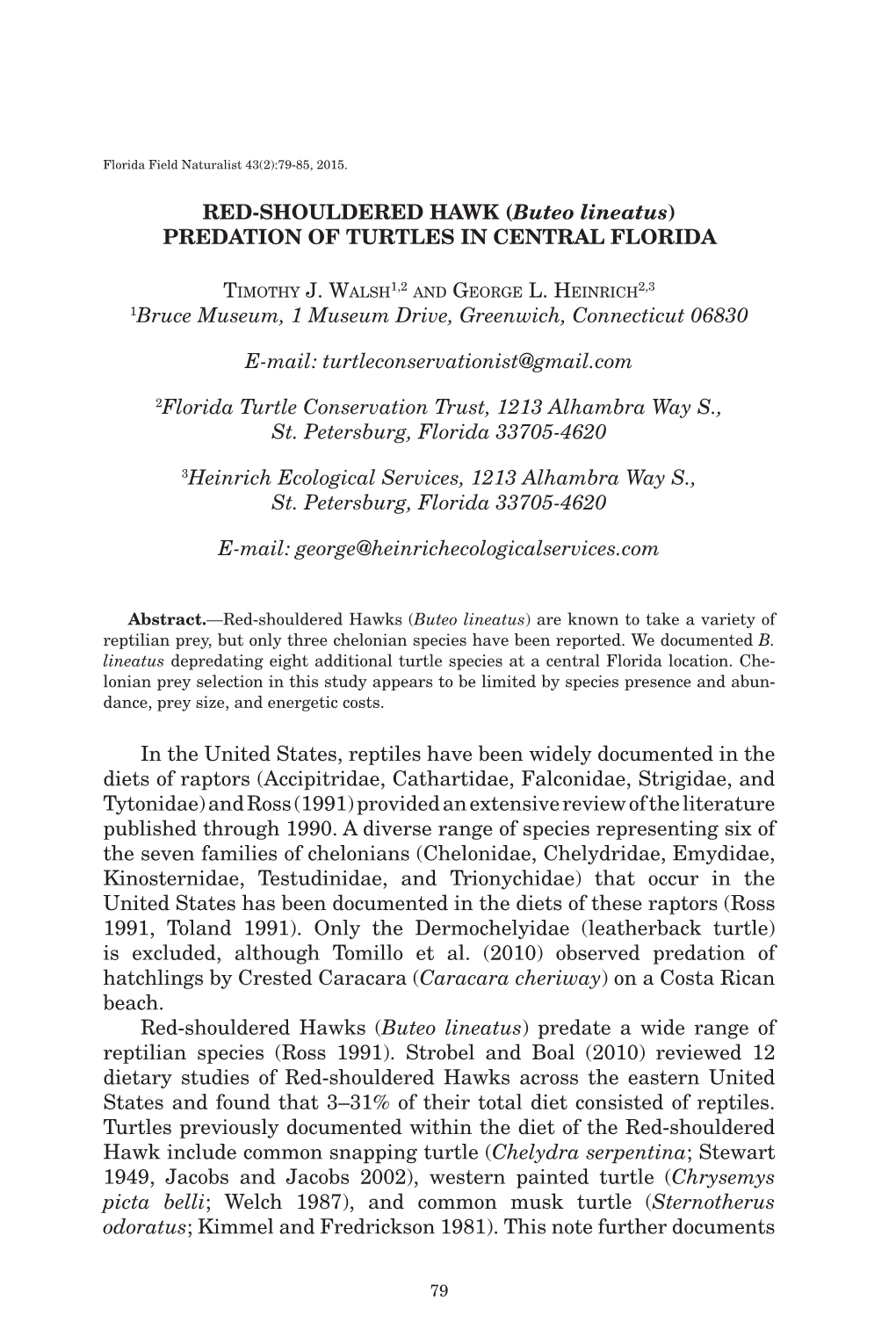 Red-Shouldered Hawk (Buteo Lineatus) Predation of Turtles in Central Florida 1Bruce Museum, 1 Museum Drive, Greenwich, Connectic