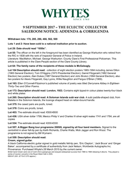 9 September 2017 – the Eclectic Collector Saleroom Notice: Addenda & Corrigenda