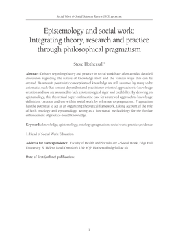 Epistemology and Social Work: Integrating Theory, Research and Practice Through Philosophical Pragmatism