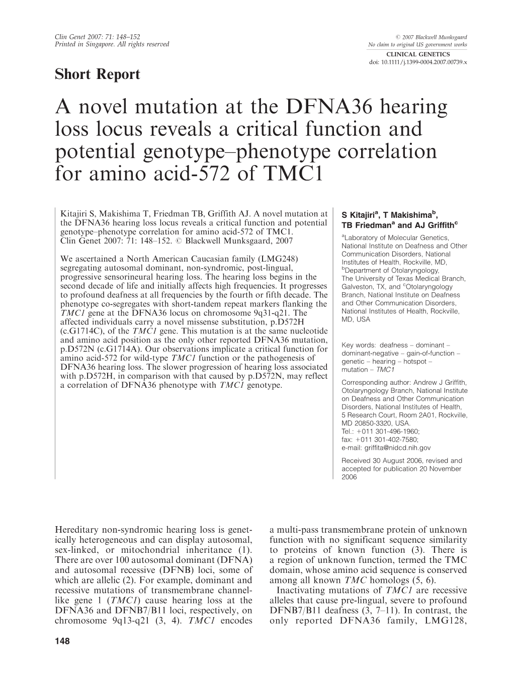 A Novel Mutation at the DFNA36 Hearing Loss Locus Reveals a Critical Function and Potential Genotype–Phenotype Correlation for Amino Acid-572 of TMC1