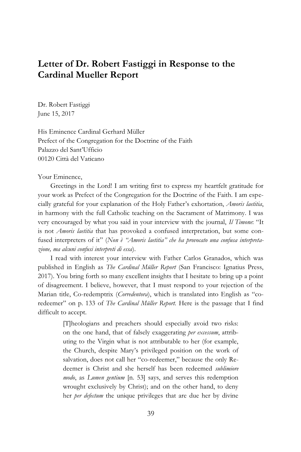 Letter of Dr. Robert Fastiggi in Response to the Cardinal Mueller Report