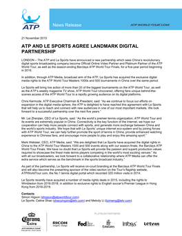 Atp and Le Sports Agree Landmark Digital Partnership