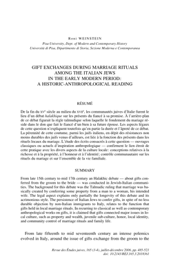 Gift Exchanges During Marriage Rituals Among the Italian Jews in the Early Modern Period: a Historic-Anthropological Reading