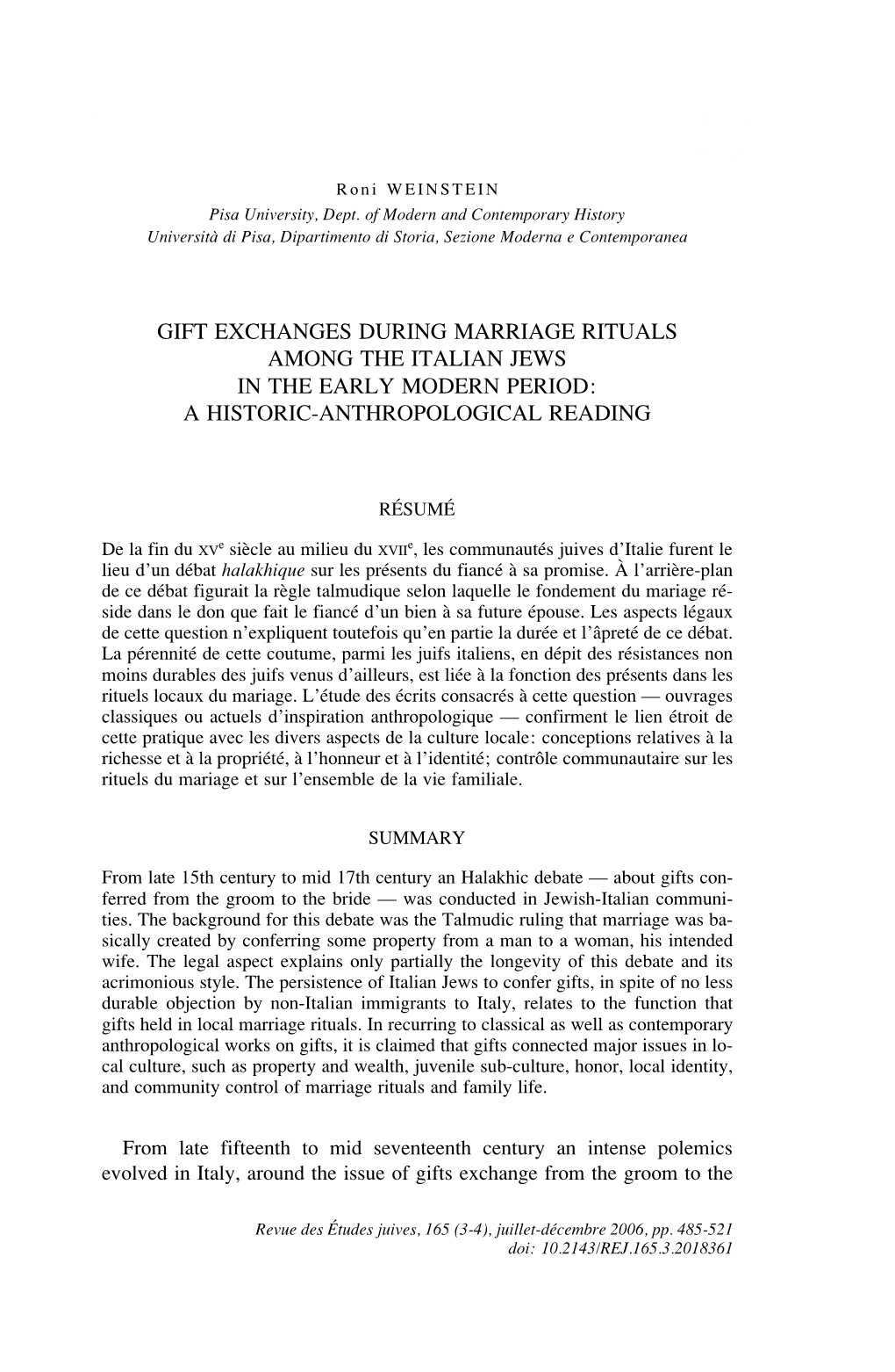 Gift Exchanges During Marriage Rituals Among the Italian Jews in the Early Modern Period: a Historic-Anthropological Reading