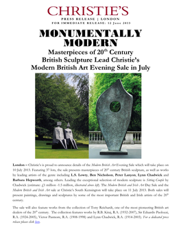 MONUMENTALLY MODERN Masterpieces of 20Th Century British Sculpture Lead Christie’S Modern British Art Evening Sale in July