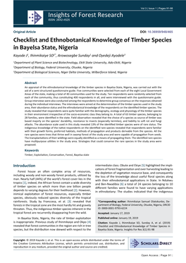 Checklist and Ethnobotanical Knowledge of Timber Species in Bayelsa State, Nigeria Kayode J1, Ihinmikaiye SO2*, Arowosegbe Sunday1 and Oyedeji Ayodele3