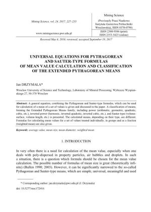 Universal Equations for Pythagorean and Sauter-Type Formulas of Mean Value Calculation and Classification of the Extended Pythagorean Means