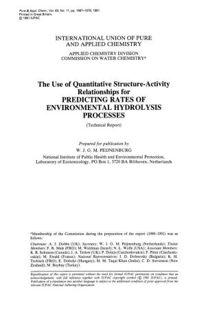 The Use of Quantitative Structure-Activity Relationships for PREDICTING RATES of ENVIRONMENTAL HYDROLYSIS PROCESSES (Technical Report)