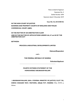 Filed on Behalf of Applicant Statement No. 4 Exhibit Number: AM4 Statement Dated: 5 December 2019 Case No: CL-2018-000182 IN