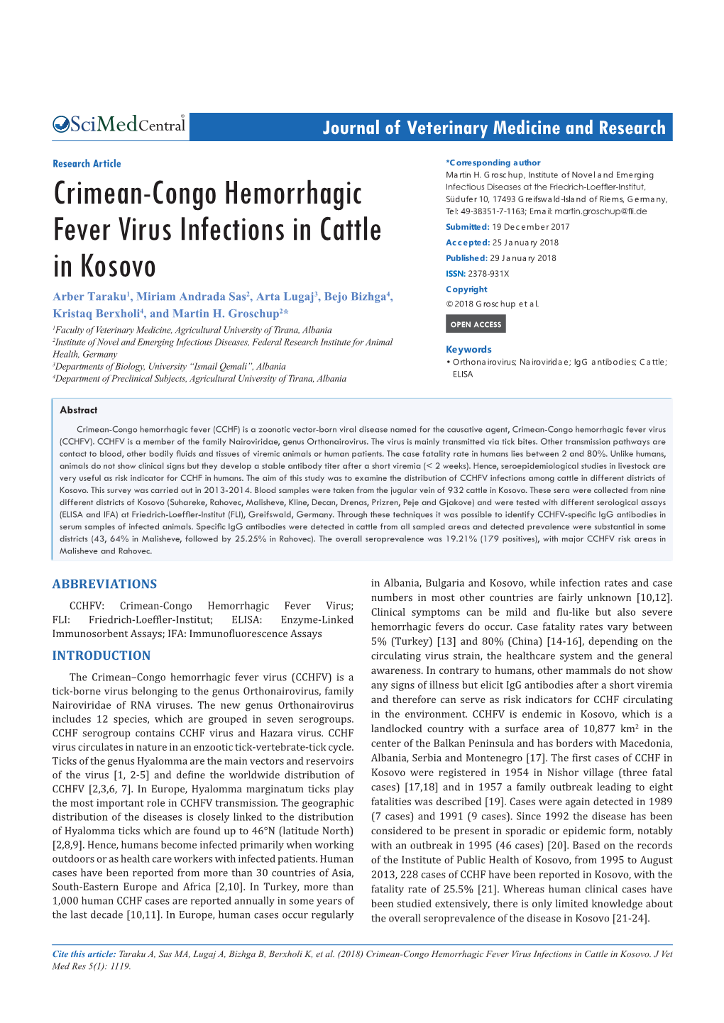Crimean-Congo Hemorrhagic Fever Virus Infections in Cattle in Kosovo
