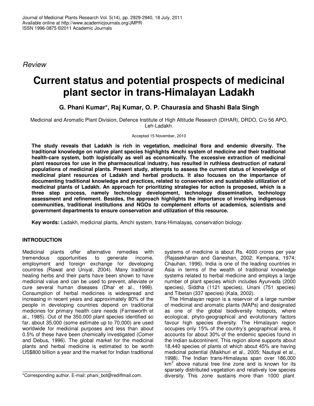 Current Status and Potential Prospects of Medicinal Plant Sector in Trans-Himalayan Ladakh