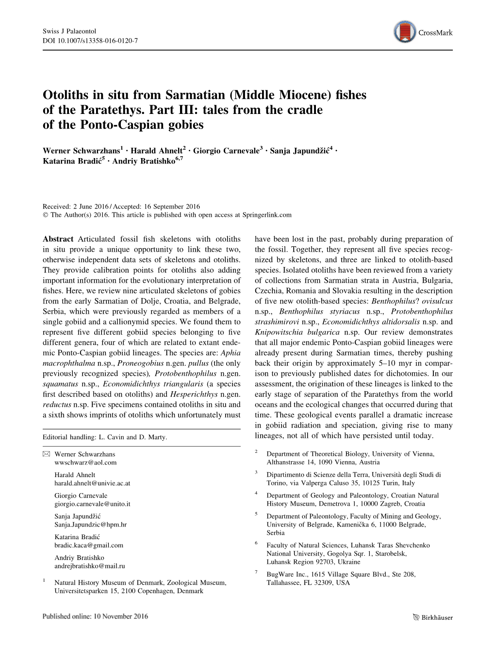 Otoliths in Situ from Sarmatian (Middle Miocene) Fishes of the Paratethys